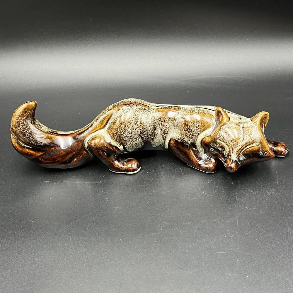 Vintage Art Pottery Fox Figurine Brown Drip Glaze Handcrafted Ceramic Sculpture - Picture 1 of 12